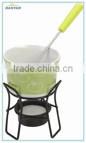 Ceramic Cheese Fondue Set With Stand With Green Color Cheese Press photo-5