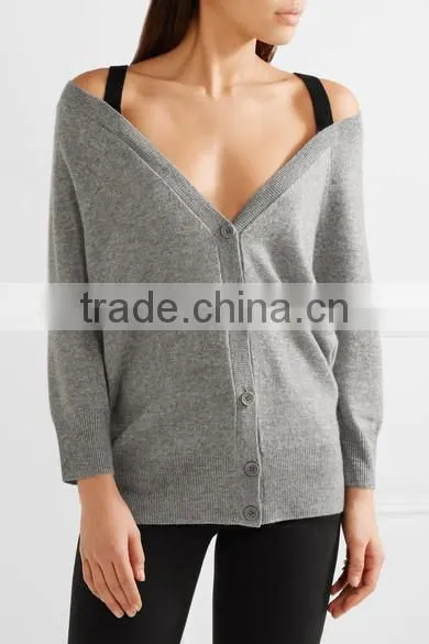 Custom Made Women Gray and Black Cashmere Off-Shoulder Cardigan With Black Shoulder Straps photo-2