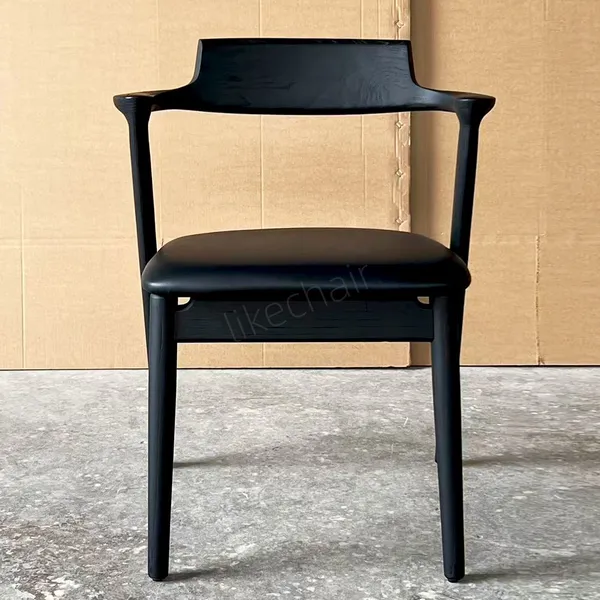 Modern Black Solid Wood Dining Chair Curved Armrest Padded Upholstered Seat Sturdy Wooden Legs for Home Kitchen Restaurant Cafe