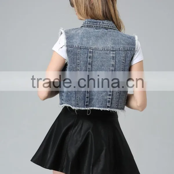 Garment Factory High Quality New Fashion Women Collared Denim Camo Vest photo-6