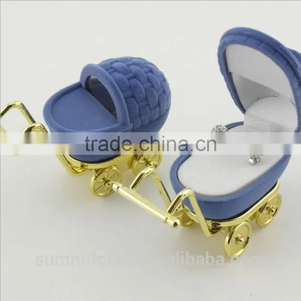 Adroable Blue Velvet Baby Stroller Antique Style Ring Box photo-4