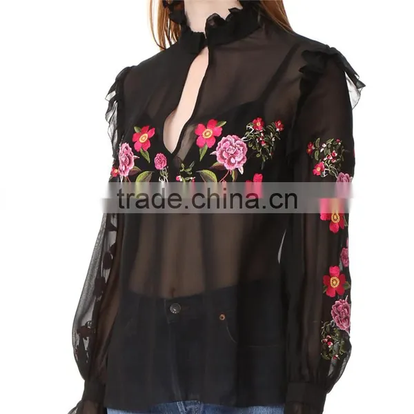 2017 OEM Peony Embroidered Silk-chiffon Button Keyhole Ruffle Blouse photo-3