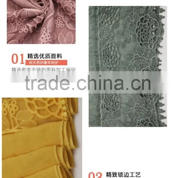 New Fashion Custom Embroidery Flower Plain Dyed Linon Viscose Hijab Scarf photo-6