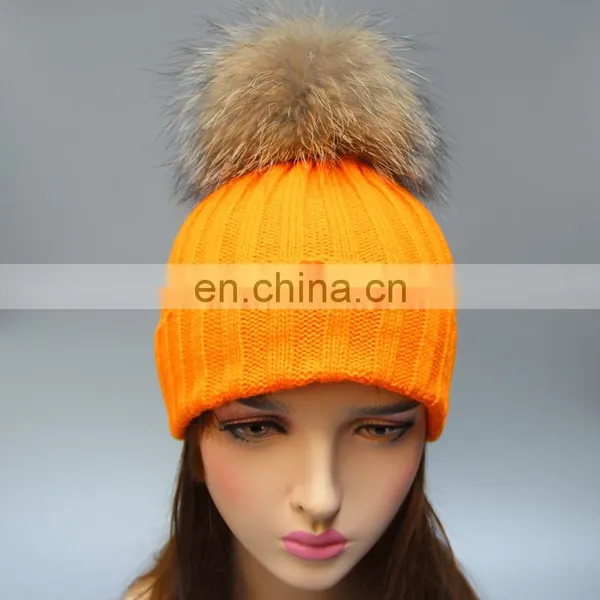 2016 Girls Winter Knitted Fur Bobble Hat With Big Genuine Raccoon Fur Bobble photo-2
