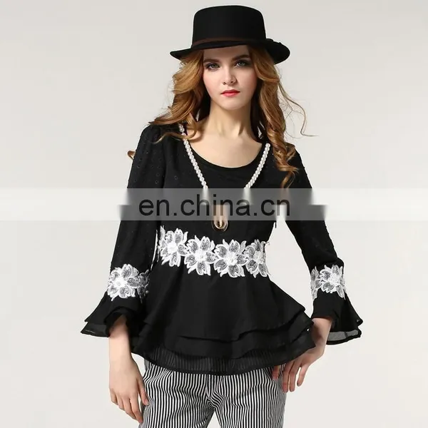 Women Fashion Able Round Neck Black Chiffon Qppliqued Flower Tunics Blouse