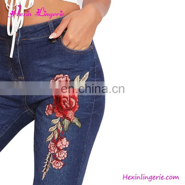 Wholesale Fashion Pants Dark Blue Ripped Embroidery Ladies Jeans photo-5