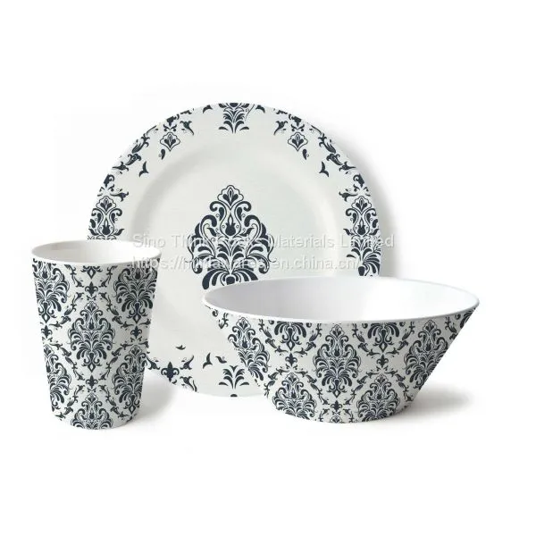 Customized Pattern High Quality Plastic Plates and Bowl 3pcs Turkish Dinner Set With Cup