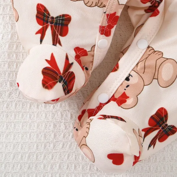 2pcs Newborn Baby's Bowknot Bear Print Long Sleeve Footie, Toddler & Infant Girl's Comfy Footed Romper Set For Spring Fall photo-5