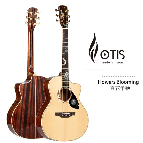 Оптовая продажа от китайской фабрики OTIS 36-дюймовая акустическая гитара «Цветущие цветы» из цельного дерева (ситка-ель, африканское махагон) + абалоновая звукодувка, глянцевая, OEM ODM