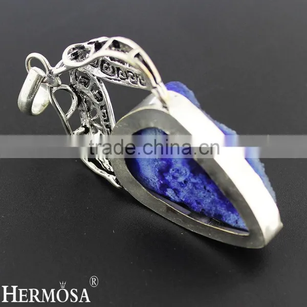 925 Sterling Silver Special Design Freedom Shape Blue Druzy Gemstone Jewel Pendant photo-4