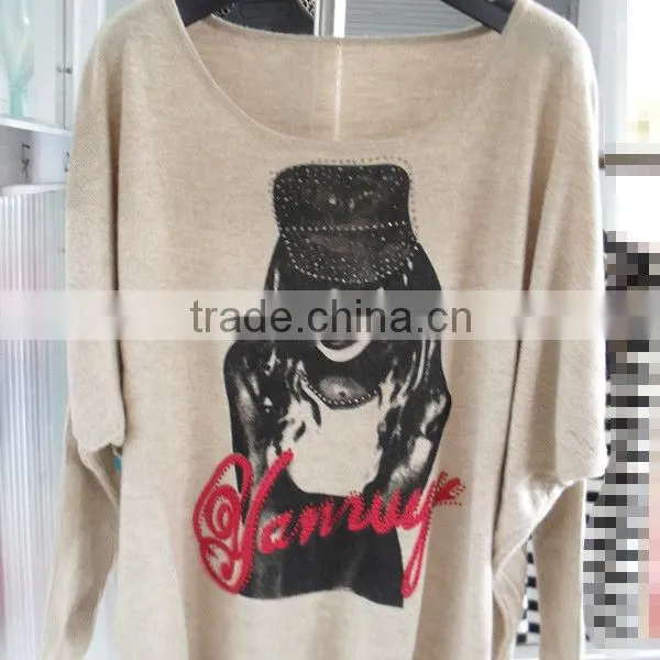 Print Style for a Beautiful Girl Long Hair With a Hat Sweater 9984#