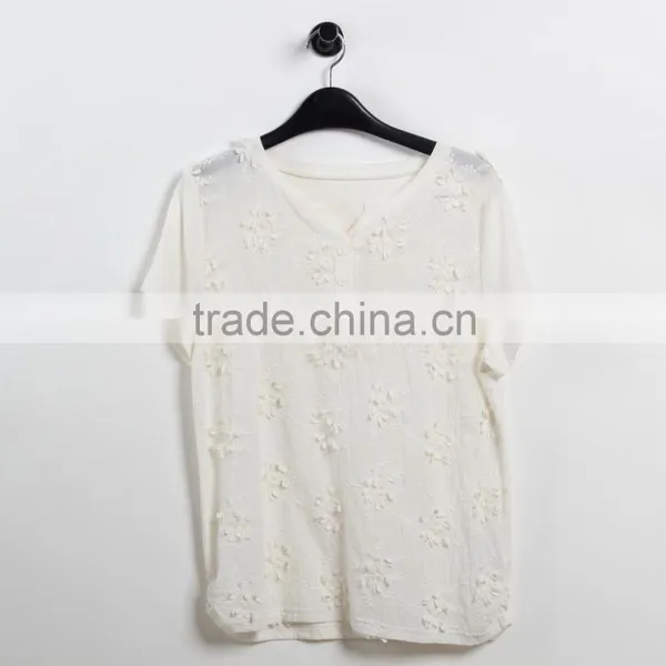 V-neck Softextile Shirt White Girl Woman t Shirt Short Sleeves Emibroidery Flower Fashion Plain Shirt