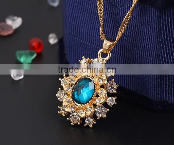 High Quality Big Green Stone Korea Wedding Necklace and Earring Sets Gold Jewellery photo-6
