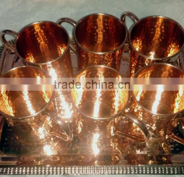 FDA APPROVED 100% PURE COPPER MOSCOW MULE DRINKING MUGS SET WITH COPPER SERVING TRAY photo-2