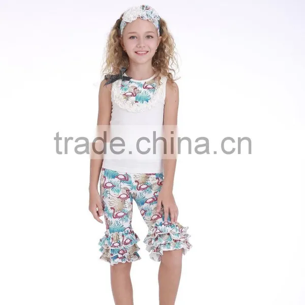 New Fashion Floral Printed Cotton Girls Tops and Ruffle Pants Children Clothing Set photo-2