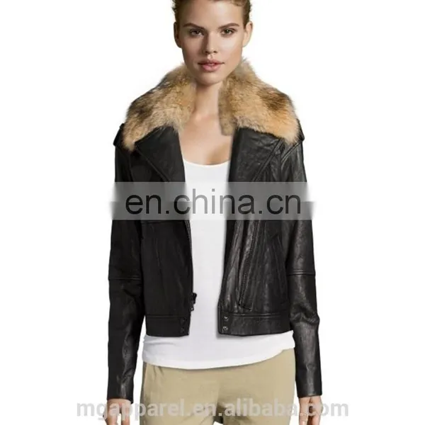 Black Leather Fur Collar Asymmetrical Zip Motorcycle Jacket Woman Coat photo-3