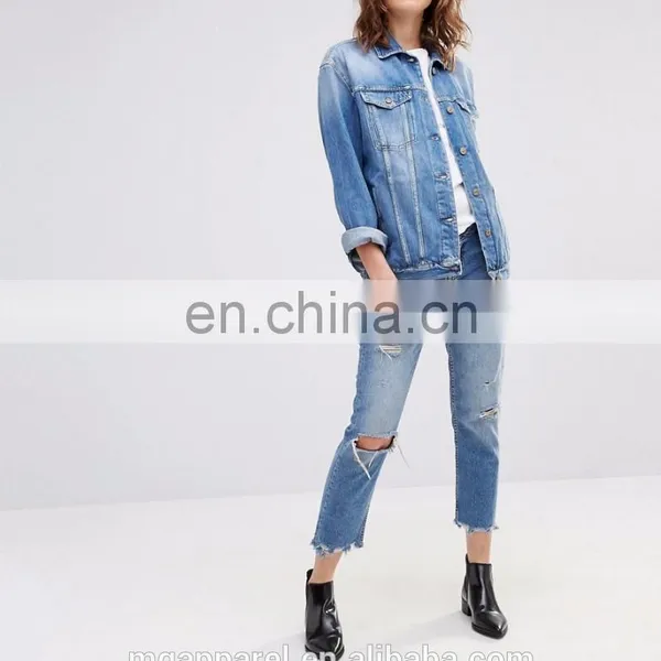 Wholesale Oversized Women Blue Plain Denim Jacket photo-5
