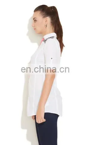 Adult Women's Fashion Lace Work at Shoulder Collar Neck Front Button Style High Quality Semi Sexy Sheer Sleeve Tops Lady Blouse photo-2