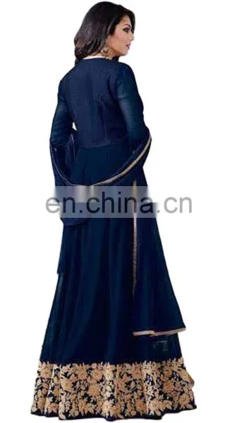 Women Blue Color Party Wear Anarkali Style Semi Stitched Dress Material 2017 (anarkali Dresses) photo-3