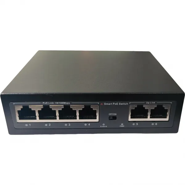 BLIY AI Smart 4+2 Port 10/100Mbps POE Switch With Watchdog, VLAN Isolation, 250m Long Range, 65W, IEEE 802.3af/at