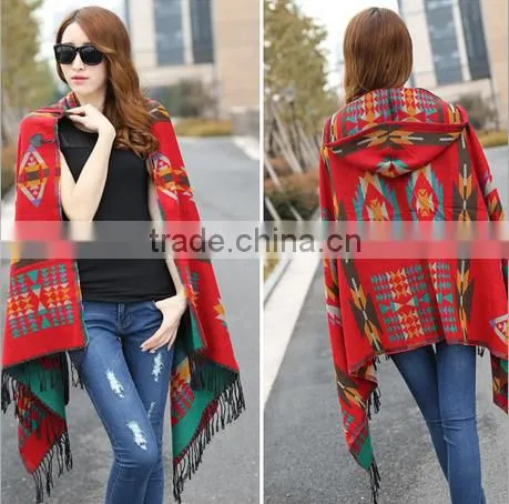 Womens Autumn Winter Warm Flower Pattern Slit Wool Blend Jacquard Shawls