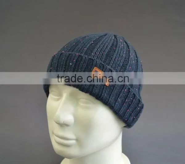 Acrylic Beanie Hat With PU Leather Patch Logo photo-3