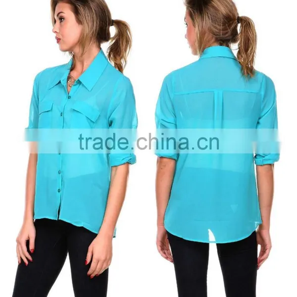 Latest Women Long Sleeve Loose Chiffon Casual Tops Button Down Shirt Ladies Blouse photo-5