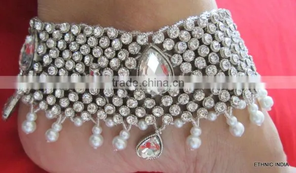 Silver Crystal Broad Payal ANKLETS Pair Feet Bracelet photo-4