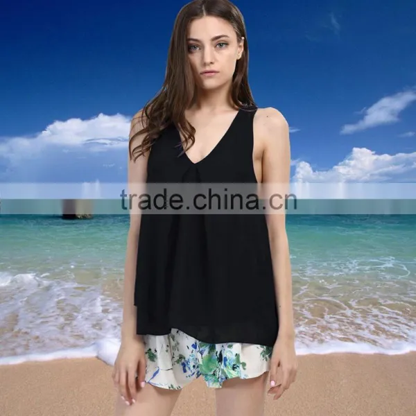 Fashion Summer Deep V Neck Chiffon Sleeveless Woman Blouse For Sale photo-3