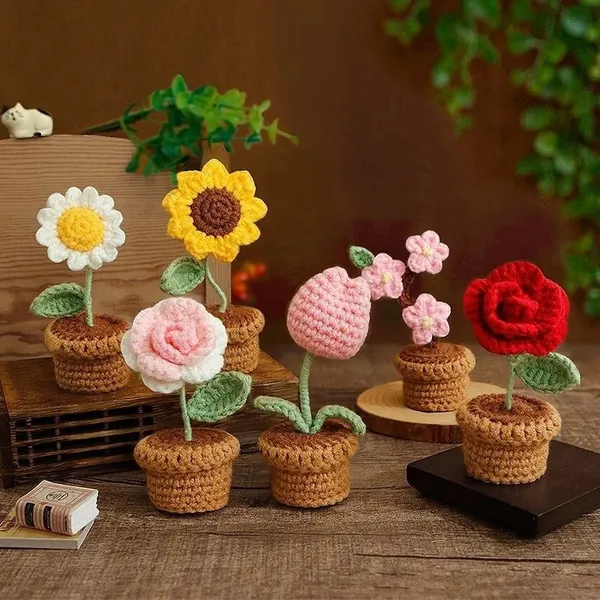 crochet flowers and plant pots