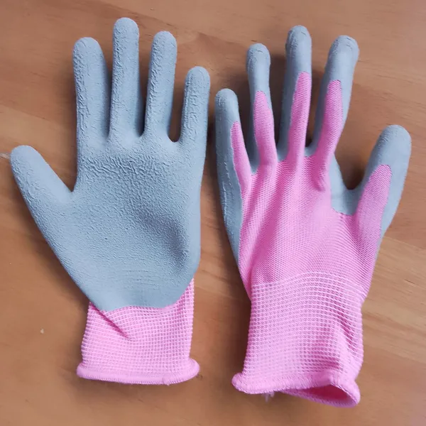 Pink Polyester Thread 13 Gauge Knitted Grey Wrinkled Latex Palm Coated Safety Work Gloves for Kids