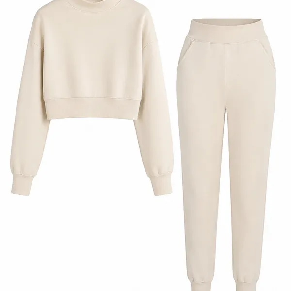 100% Polyester Mock Neck Cropped Top & Jogger Pants Two‑Piece Casual Tracksuit photo-3