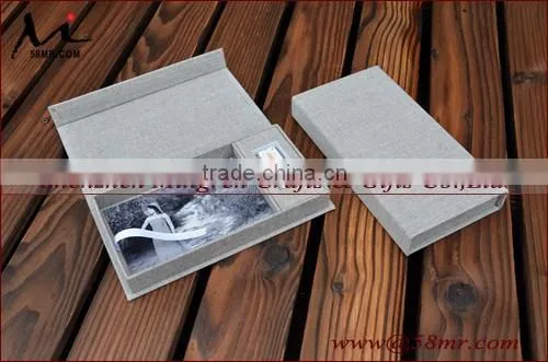 Magnet Linen USB Flash Drive Box With 4x6 Photo Stroage Box and Hinged Lid
