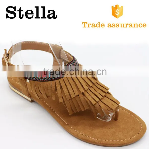 Fashion Summer Jacquard Strip Camel Tassels Women Flat Sandal Shoe