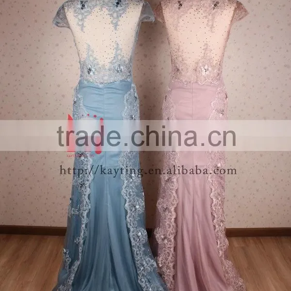 Gorgeous V-neck Cap Sleeve Pretty Appliqued Beaded Sequins Real Sample Prom Dress photo-5