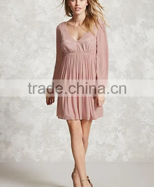 Woman Long Vented Sleeve Scoop Neck Self-Tie Back Stripe Chiffon Emroidered On the Front Dress photo-5