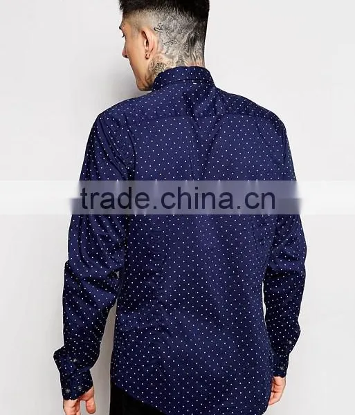 Guangzhou High Quality Custom Long Sleeve White Point All Over Printed Mens 100% Cotton Casual Fashion Navy Shirts photo-2