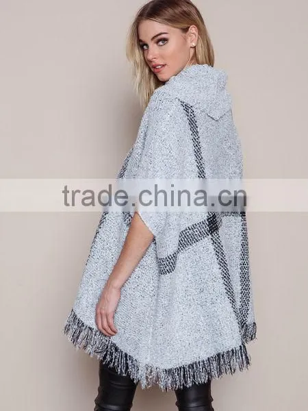 MGOO New Fashion Plaid Pullover Tops Grey Knit Mohair Fringe Poncho Women Winter Popular Clothes photo-5