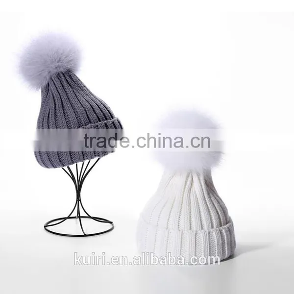 2016 Winter Beanie Real Silver Fox Fur Ball Knitting Hat For Women Black Real Raccoon Fur Ball Skullies photo-6