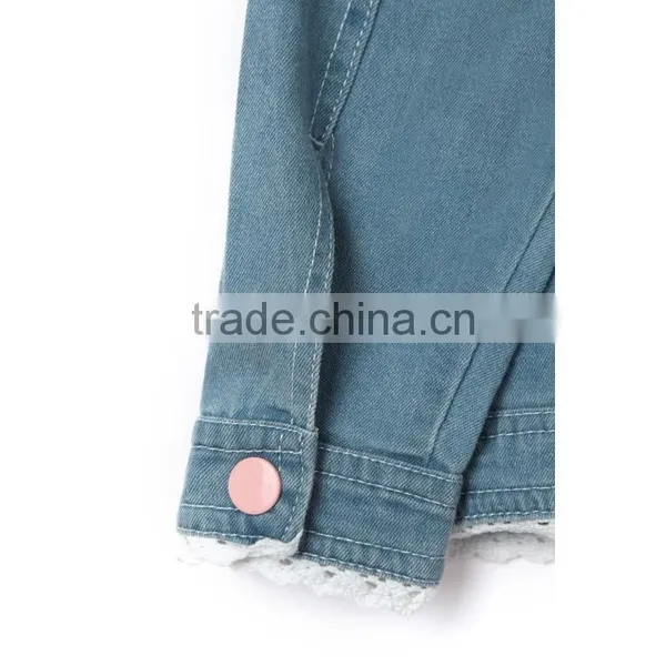 2016 New Style Loveable Pink Flower Stitched Design Lace Hem Kids Denim Jacket With Hood photo-3