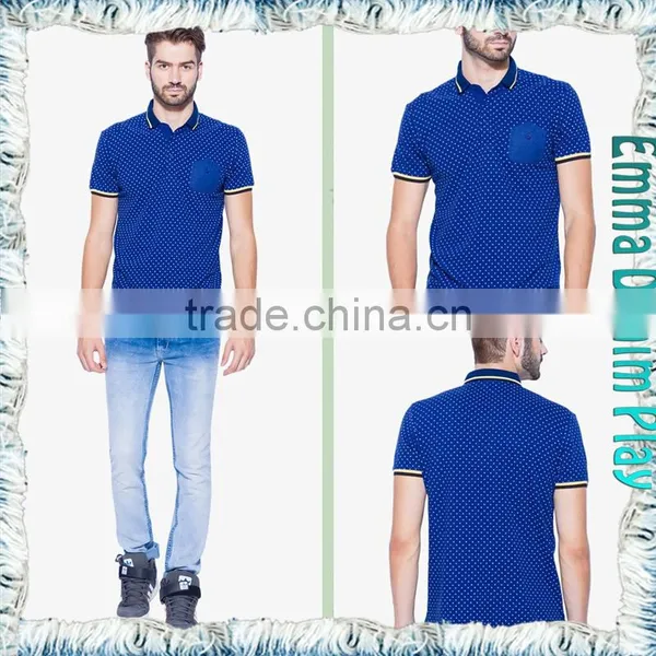 Latest Fashion Man's Blue Chest Pocket Printed Dots Polo Shirts photo-5