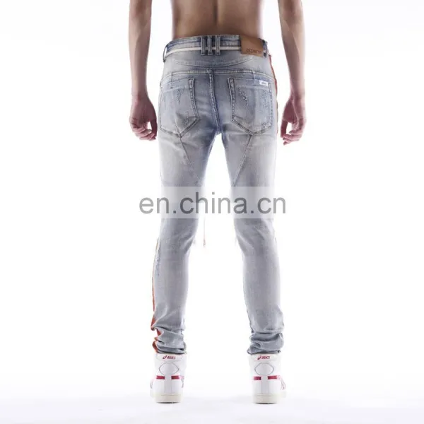 DiZNEW Distressed Track Denim Wholesale Men Side Print Jeans photo-4