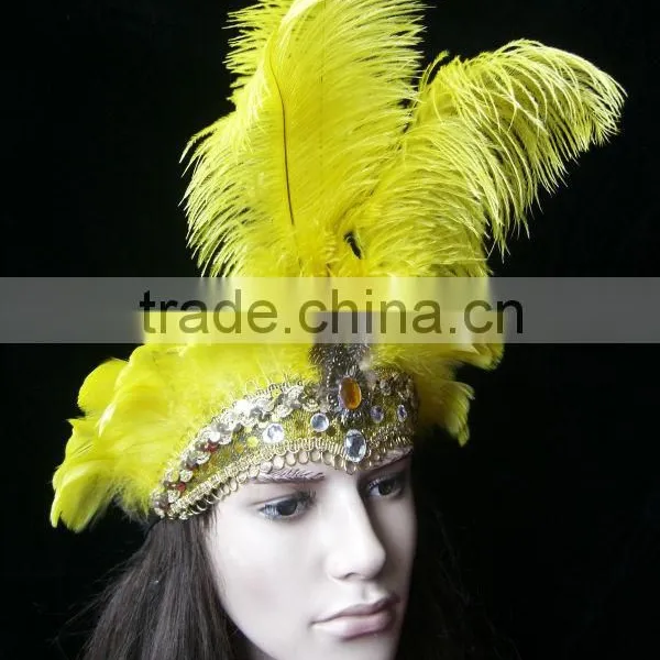 Carnival Headdress Hand Painted(Yellow Color) Lady Headdress With Long Feather photo-2