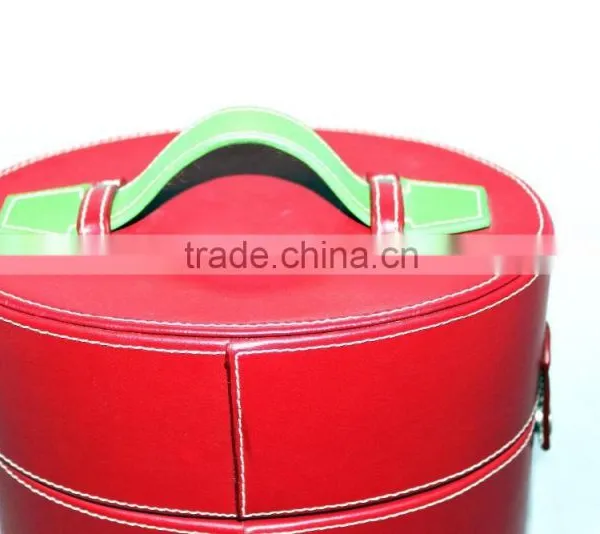 Red Color Leather Round Barrel Wine Box/Case With Handle photo-4