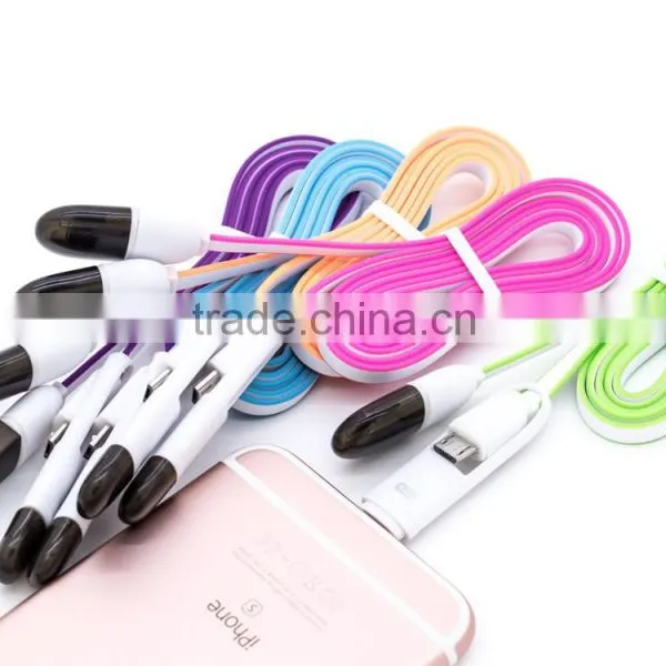 Colorful Flat Cord 2 in 1 Usb Cable for Iphone Samsung Huawei OPPO MEIZU photo-5