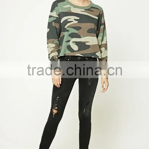 Latest Tops Designs Girls Women Long Sleeves Round Neck Cropped Camo Print Tee Camo Sweatshirts photo-5