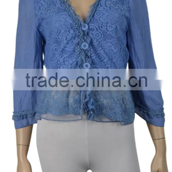 Trimming Lace Buttoned Shirt Green / Light Green Linen Blend Lace Front Closure Jacket photo-2