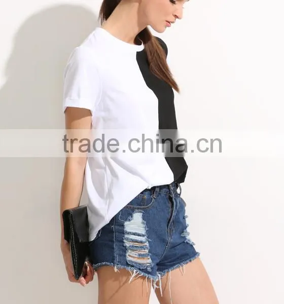 OEM Simple Black and White Block O Neck T Shirt for Women LC8293 photo-5