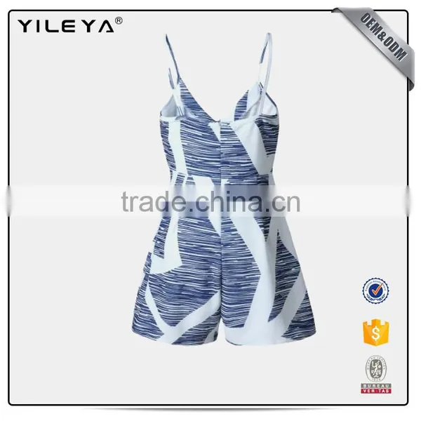 Fashion Design Pinstripe Spaghetti Strap V Neck Jumpsuit Button Front Tie Waist Short Romper photo-4