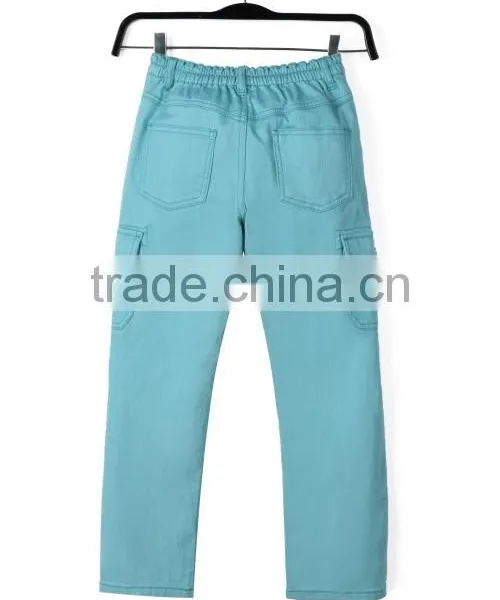 New Fashion Multi Pocket Plain Blue Solid Color Cheap Kids Elastic Bottom Jeans With Side Zipper photo-2